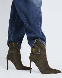 RIVER ISLAND Khaki Woven Buckle Heeled Boot ~ stiletto heel pointed toe strap detail buckled boots