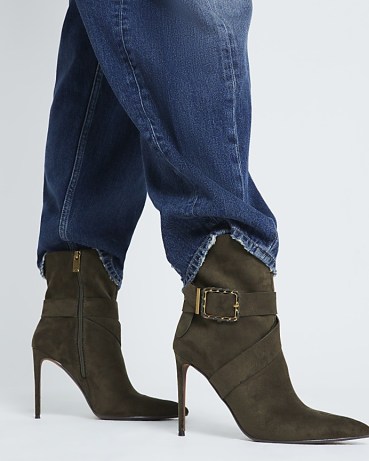 RIVER ISLAND Khaki Woven Buckle Heeled Boot ~ stiletto heel pointed toe strap detail buckled boots