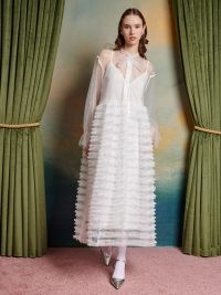 sister jane The Swan Dance Lakeside Pearl Lace Midi Dress in Pearl White ~ romantic semi sheer party dresses ~ ruffle embellished occasion fashion