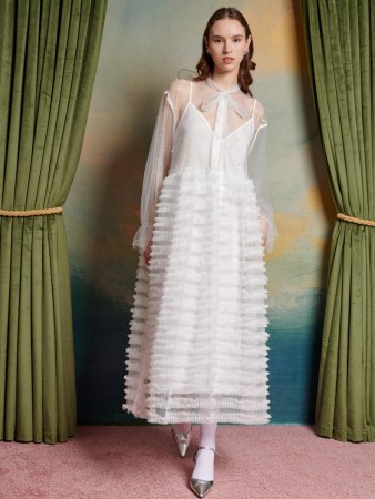 sister jane The Swan Dance Lakeside Pearl Lace Midi Dress in Pearl White ~ romantic semi sheer party dresses ~ ruffle embellished occasion fashion