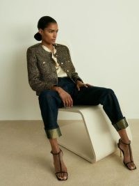 REISS Wynee Lamé-Tweed Jacket in Gold / women’s chic metallic thread jackets / womens military style clothing