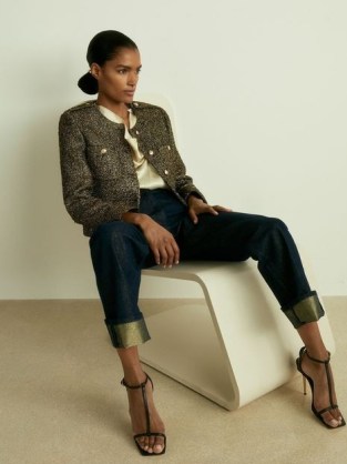 REISS Wynee Lamé-Tweed Jacket in Gold / women’s chic metallic thread jackets / womens military style clothing