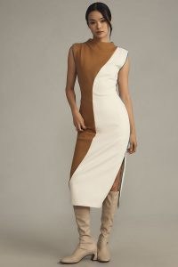 Maeve Sleeveless Colourblock Midi Dress in Neutral Motif / sleeveless colour block dresses