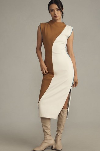 Maeve Sleeveless Colourblock Midi Dress in Neutral Motif / sleeveless colour block dresses