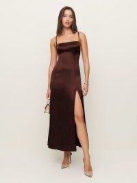 Reformation Melina Silk Dress in Mahogany ~ silky chocolate brown slender shoulder strap dresses with thigh high slit ~ strappy back detail occasion fashion