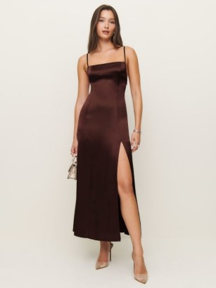 Reformation Melina Silk Dress in Mahogany ~ silky chocolate brown slender shoulder strap dresses with thigh high slit ~ strappy back detail occasion fashion