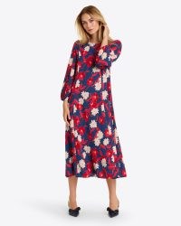 DRAPER JAMES Matilda Midi Dress in Crinkle Plissé in Nassau navy multi blossom / blue red and white floral print long sleeve dresses