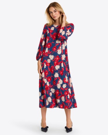 DRAPER JAMES Matilda Midi Dress in Crinkle Plissé in Nassau navy multi blossom / blue red and white floral print long sleeve dresses