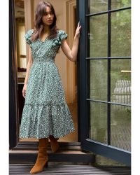 DRAPER JAMES Meg Midi Dress in Gauzy Cotton Popcorn Ditsy Floral / green and white tiered hem flutter sleeve dresses