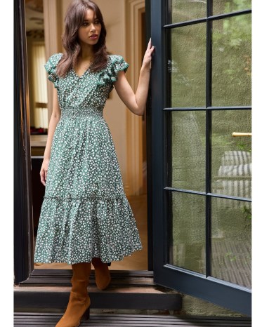 DRAPER JAMES Meg Midi Dress in Gauzy Cotton Popcorn Ditsy Floral / green and white tiered hem flutter sleeve dresses