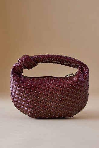 Melie Bianco Larissa Woven Faux-Leather Shoulder Bag in Wine / dark red knotted top handle bags / chic small faux leather handbag