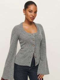 Reformation Karina Regenerative Wool Scoop Neck Cardigan in Mid Grey | slim fit flared sleeve scoop neck cardigans | luxe knitwear