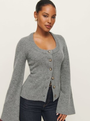 Reformation Karina Regenerative Wool Scoop Neck Cardigan in Mid Grey | slim fit flared sleeve scoop neck cardigans | luxe knitwear