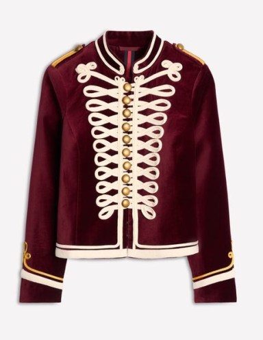 Boden Military Velvet Jacket in Cabernet – plush jewel tone jackets