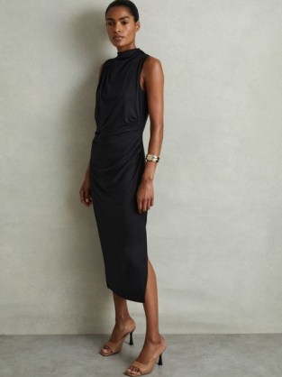 REISS Beaux Modal Blend Ruched Midi Dress in Charcoal – chic sleeveless high neck side split dresses – women’s sophisticated occasion clothes