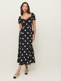 Reformation Shyla Dress in Moon Dot / sweetheart neckline spot print fit and flared hemline dresses