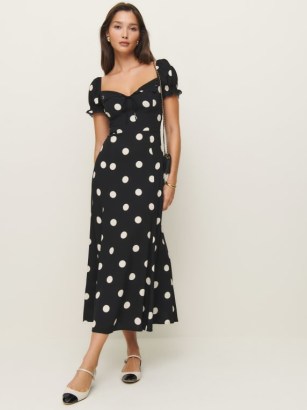 Reformation Shyla Dress in Moon Dot / sweetheart neckline spot print fit and flared hemline dresses