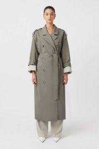 CAMILLA AND MARC Nantes Trench Coat in Warm Taupe ~ women’s longline autumn coats with belted tie waist and detachable sleeves ~ contemporary outerwear