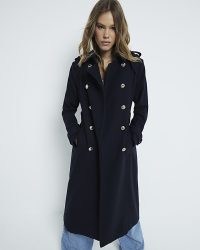 RIVER ISLAND Navy Fitted Wool Trench Coat ~ dark blue military style winter coats