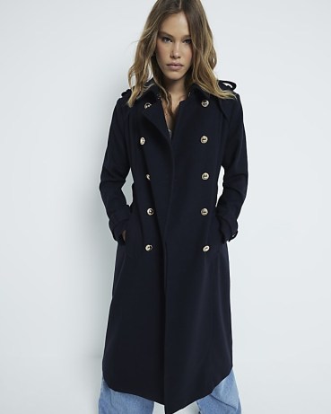 RIVER ISLAND Navy Fitted Wool Trench Coat ~ dark blue military style winter coats