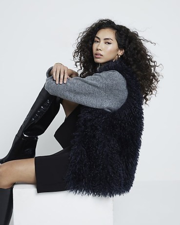 River Island Navy Shaggy faux fur longline Gilet | fluffy gilets | sleeveless dark blue textured winter jacket