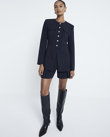 RIVER ISLAND Navy Stripe button up Military blazer ~ women’s dark blue striped longline blazers