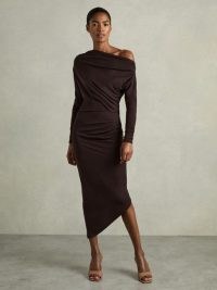 REISS Fleur Off-The-Shoulder Ruched-Jersey Midi Dress in Brown ~ long sleeve asymmetric bodycon occasion dresses