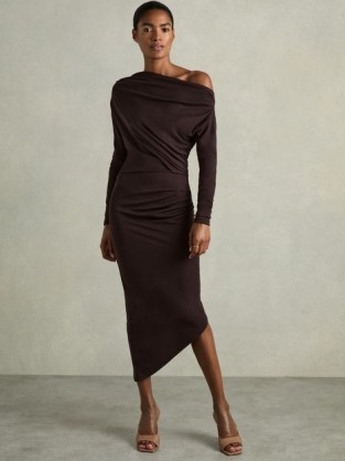 REISS Fleur Off-The-Shoulder Ruched-Jersey Midi Dress in Brown ~ long sleeve asymmetric bodycon occasion dresses