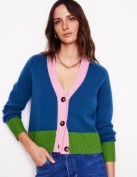 Boden Olivia Merino Cardigan in Sapphire Blue ~ women’s colour block cardigans ~ womens RWS certified wool knitwear