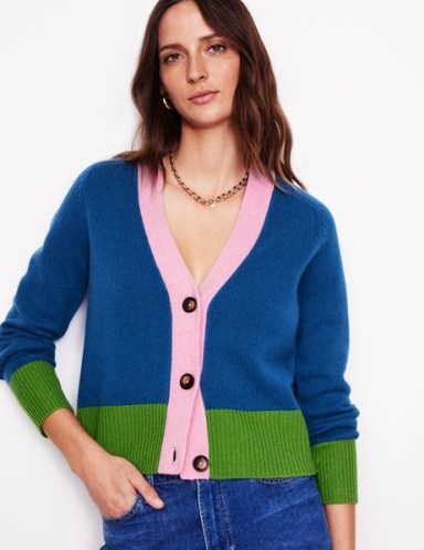 Boden Olivia Merino Cardigan in Sapphire Blue ~ women’s colour block cardigans ~ womens RWS certified wool knitwear