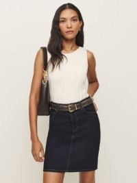 Reformation Mona Mid Rise Denim Skirt in Ondine | dark blue slim fit skirts