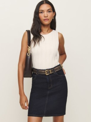 Reformation Mona Mid Rise Denim Skirt in Ondine | dark blue slim fit skirts