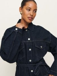 Reformation Luna Belted Denim Jacket in Ondine | women’s dark blue coallared tie waist jackets