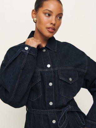 Reformation Luna Belted Denim Jacket in Ondine | women’s dark blue coallared tie waist jackets