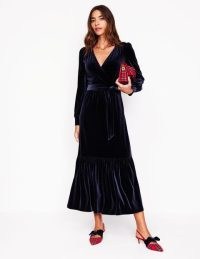 Boden Ophelia Velvet Midi Wrap Dress Navy – women’s long sleeve tiered hem party dresses – womens plush evening occasion clothes