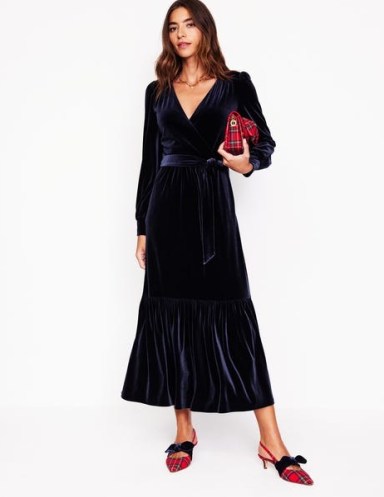 Boden Ophelia Velvet Midi Wrap Dress Navy – women’s long sleeve tiered hem party dresses – womens plush evening occasion clothes