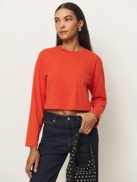 Reformation Asher Cropped Oversized Longsleeve Tee in Paprika / women’s bright crop hem long sleeve T-shirt / womens orange-red organic cotton T-shirts