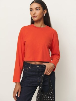 Reformation Asher Cropped Oversized Longsleeve Tee in Paprika / women’s bright crop hem long sleeve T-shirt / womens orange-red organic cotton T-shirts