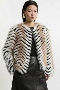 KAREN MILLEN Pattern Faux Fur Collarless Jacket / women’s fluffy chevron patterned jackets