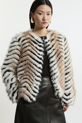 KAREN MILLEN Pattern Faux Fur Collarless Jacket / women’s fluffy chevron patterned jackets