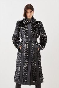 KAREN MILLEN Petite Faux Fur Pu Panelled Abstract Belted Coat / glamorous fake fur coats / winter glamour