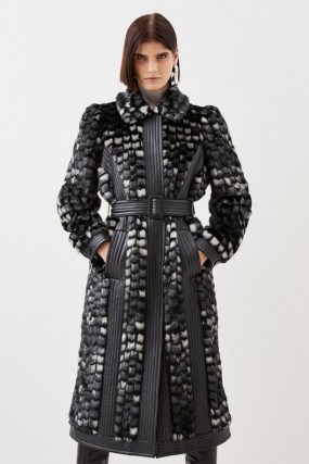 KAREN MILLEN Petite Faux Fur Pu Panelled Abstract Belted Coat / glamorous fake fur coats / winter glamour