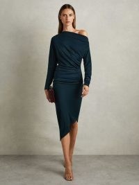 REISS Fleur Jersey Off-The-Shoulder Ruched Midi Dress in Teal – asymmetric gathered detail bodycon dresses