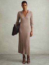 Reiss Winnie Knitted Open Collar Midi Dress in Neutral | chic collared ribbed knit dresses