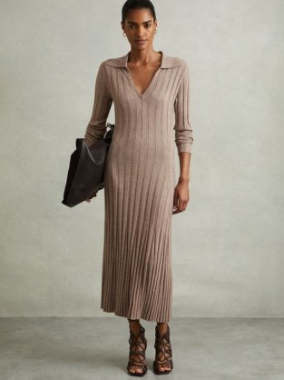 Reiss Winnie Knitted Open Collar Midi Dress in Neutral | chic collared ribbed knit dresses