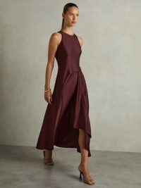 Reiss Micah Satin Drape Tuck Midi Dress in Burgundy / sleeveless fluid fabric occasion dresses