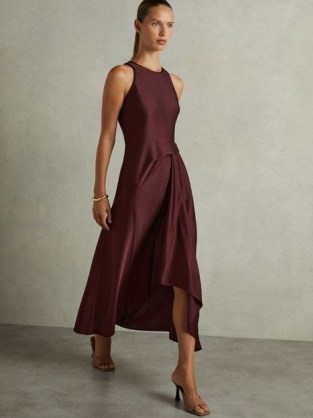 Reiss Micah Satin Drape Tuck Midi Dress in Burgundy / sleeveless fluid fabric occasion dresses