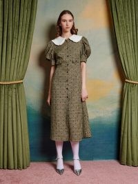 sister jane The Swan Dance Pine Check Midi Dress in Olive Green ~ vintage style puff sleeve oversized collar dresses