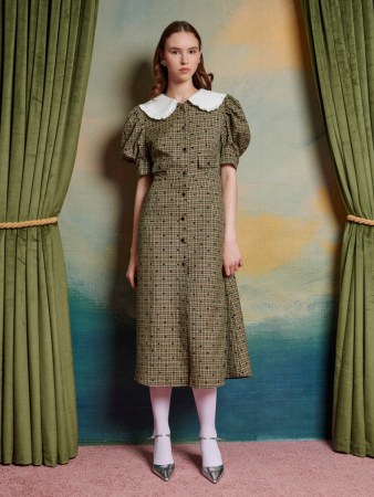 sister jane The Swan Dance Pine Check Midi Dress in Olive Green ~ vintage style puff sleeve oversized collar dresses