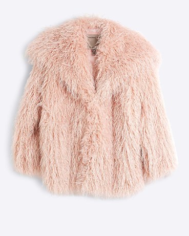 RIVER ISLAND Pink oversized faux fur jacket ~ womens shaggy vintage style jackets ~ 70s inspired glamour